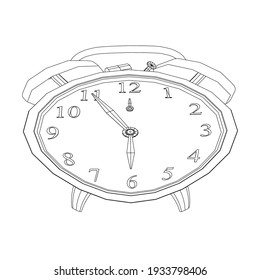 Contorno de un reloj de mesa con un reloj despertador en forma retorcida a partir de líneas negras sobre un fondo blanco. Ilustración del vector