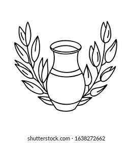 Contour tall jug with sprigs of oats or wheat. Doodle logo for farm organic dairy product. Hand drawn vector concept. Black and white illustration of oat milk. Outline image for poster of healthy food