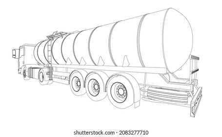 Contour eines Tankwagens für den Transport von Benzin aus schwarzen Linien einzeln auf weißem Hintergrund. Lastwagen mit Tank für den Gütertransport. Perspektiven Vektorgrafik