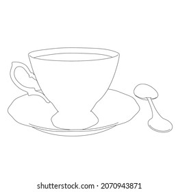 Contour of a tea cup with a spoon from black lines isolated on a white background. Vector illustration