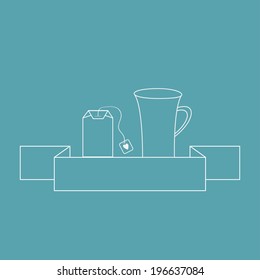 Contour teabag and teacup. Tea set in flat design style. Vector illustration