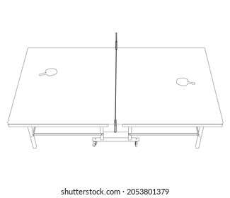 Contour of a tennis table with tennis rackets from black lines isolated on a white background. Vector illustration