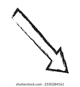 Contour thick arrow down right. Hand drawn charcoal arrow.
