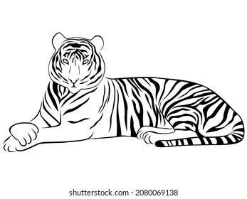 Contour of tiger lying in graceful pose, isolated black vector on white background like a tattoo