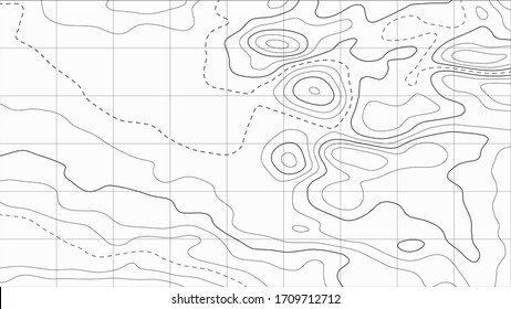 Contour topographic map. Geographic grid map background. Black lines on white background. Vector illustration.