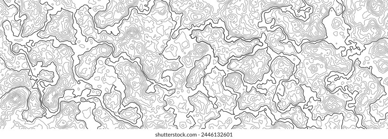 Contour topographic map. Map of heights pattern with wavy lines, contoured relief texture with topographical mountains, topography plains vector background. Detailed geographic borders