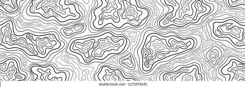 Contour Topographic Map with Wavy Lines. Panoramic Black and White Geometric Pattern. Vector Illustration