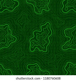 Contour Topographic Map with Wavy Lines. Seamless Dark Green Geometric Pattern. Vector Illustration