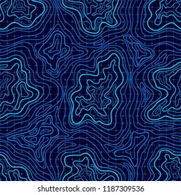 Contour Topographic Map with Wavy Lines. Seamless Dark Blue Geometric Pattern. Vector Illustration