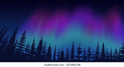 Contour of trees against the background of aurora borealis, winter holiday illustration
