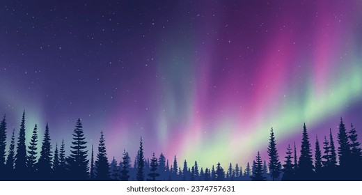 Contorno de árboles en el fondo de aurora boreal, ilustración de vacaciones de invierno