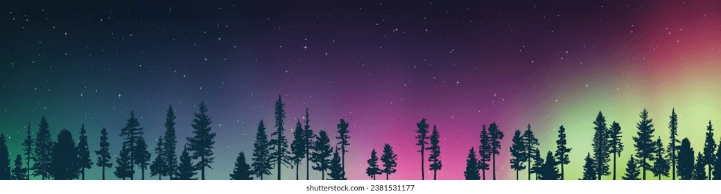 Contour of trees against the background of aurora borealis, winter holiday illustration