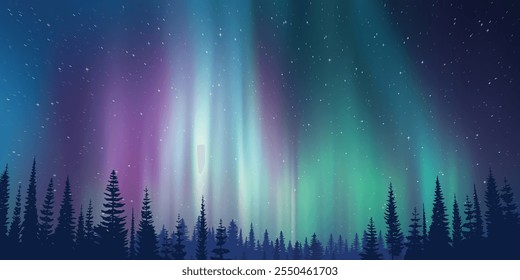 Contorno de árboles contra el fondo de aurora boreal, ilustración de vacaciones de invierno