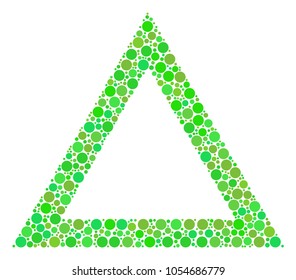 Contour Triangle composition of filled circles in different sizes and fresh green color hues. Vector round dots are grouped into contour triangle composition. Ecology design concept.