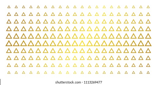 Contour triangle icon golden halftone pattern. Vector contour triangle shapes are organized into halftone grid with inclined gold color gradient. Constructed for backgrounds, covers,