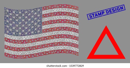 Contour triangle icons are grouped into American flag collage with blue rectangle grunge stamp watermark of Stamp Design caption.