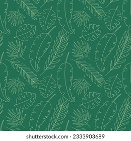 Contour tropical leaves pattern on a green background. Exotic Nature. Botanical print. Jungle. Palm leaves. Summer. Wrapping. Vector illustration.