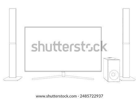 Contour TV home theater with sound speaker design. Speakers and television, tv set icon in black flat glyph, outline style isolated on white background