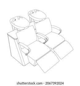 Contour of two chairs for washing a head in a salon from black lines, isolated on a white background. Isometric view. Vector illustration