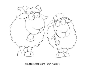 Contour of two funny sheep on the isolated white background. Illustration, vector