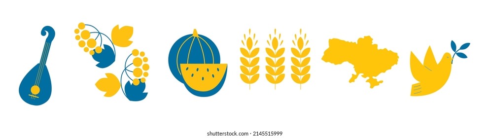 The contour of Ukrainian map, viburnum, Ukrainian house, dove, Bandura.vector Ukrainian icon set blue yellow color. The concept of peace in Ukraine. Illustration for design and web. Ukraine art. 