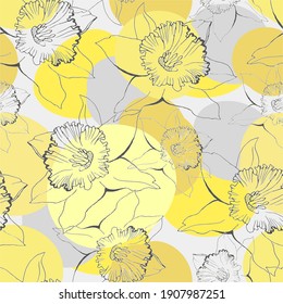 Contour Ultimate Gray Daffodils drawn by hand with Yellow Illuminating circles on grey background. Contemporary floral seamless pattern with outline silhouettes of narcissus flowers in full bloom.