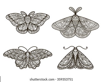 Contour, vector, black and white illustration, design element, decoration, tattoo, butterfly, moth, textiles, packaging, summer, doodle, set, art, henna, abstract, coloring book
