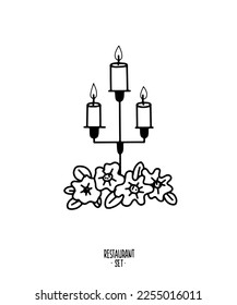 Contorno vectorial accesorios de restaurante clipart sobre fondo blanco. Soporte de velas, jarra de cócteles, cubiertos. Logo, patrón, blanco y negro.