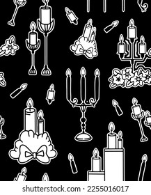 Contorno vectorial accesorios de restaurante clipart sobre fondo blanco. Soporte de velas, jarra de cócteles, cubiertos. Logo, patrón, blanco y negro.