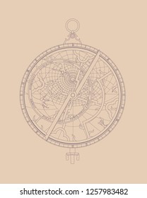 Contour vector drawing of an ancient decorative astrolabe with patterns.