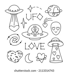 Contour vector drawing of a UFO.Alien love in doodle style.  Romantic Valentine's day clip art, valentine, graphics symbol of love, extraterrestrial set