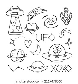 Contour vector drawing of a UFO.Alien love in doodle style.  Romantic Valentine's day clip art, valentine, graphics symbol of love, extraterrestrial set