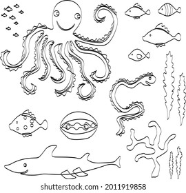 Contour vector drawings of set doodle cartoon sea creatures