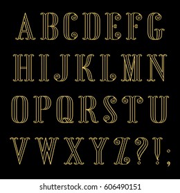 Contour vector font in retro style. Decorative gold alphabet with gold contour on a black background.