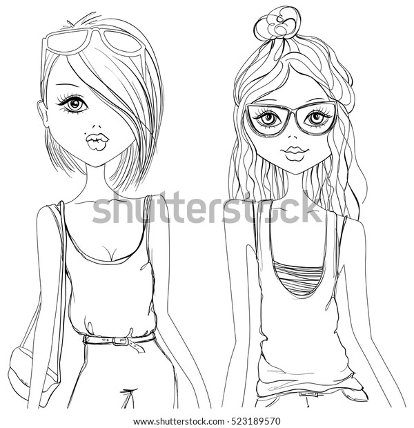 Contour Vector Girl Sketch Style Hipster Stock Vector (Royalty Free ...