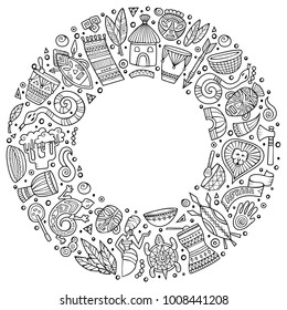 Contour vector hand drawn set of Africa cartoon doodle objects, symbols and items. Round frame composition