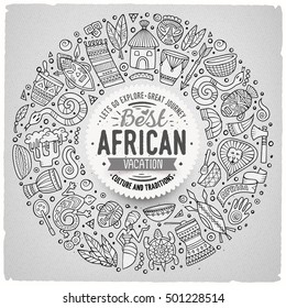 Contour vector hand drawn set of Africa cartoon doodle objects, symbols and items. Round frame composition