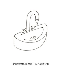 Contour Vector icon in hand draw style. Bathroom and its components. Hygiene. Faucet with water, sink