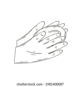 Icono de vector de contorno en estilo de dibujo a mano. Cuarto de baño. Productos de higiene. Jabón en las palmas