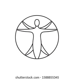 Contour vector icon of vitruvian man. Sign of human figure enclosed in circle for illustration for symmetry and balance. Line art black and white isolated emblem. Leonardo picture