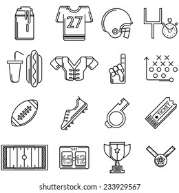 Contour vector icons for American football. Set of black contour vector icons with elements of American football on white background.