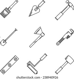 Contour vector icons for hand tools. Set of black contour vector  icons for construction or repair hand tools on white background.
