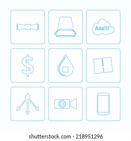 Contour vector icons for Ice Bucket Challenge. Set of blue square contour vector icons with symbols of popular project on white background.