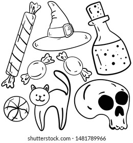 Contour vector illustration with bottle, candy, witch hat,cat, potion,
skull on white background. Coloring book idea. Hand drawn cartoon illustration. Good for printing. Halloween set.