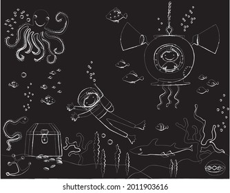 Contour vector illustration of cartoon scuba divers searching for treasure on seabed among marine life