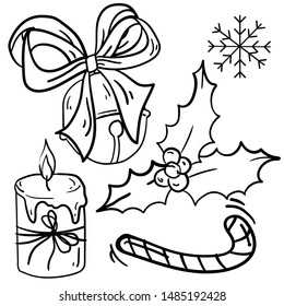 Contour vector illustration with Christmas bell, berries, candle,snowflake and candy on white background. Coloring book ideas. Doodle style. Good for printing.
