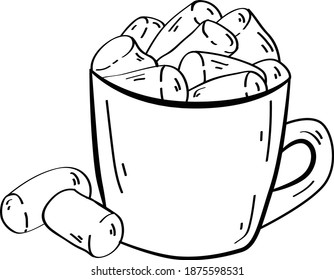 Dibujo vectorial de contorno con taza de café y malvavisco. Bien por imprimir. Diseño bonito. Coloriendo la idea de la página. Elementos de postal y logotipo. Estilo Doodle. Blanco y negro.