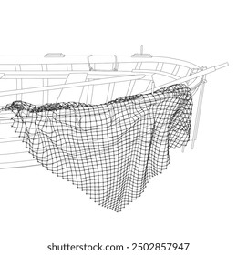 Contour vector illustration of the fishing boat with net.