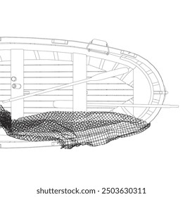 Contour vector illustration of the fishing boat with net. View from above.