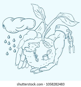 contour vector illustration of human hand holding a sprouting plant among the debris and the contaminated soil, debris on earth environmental problems